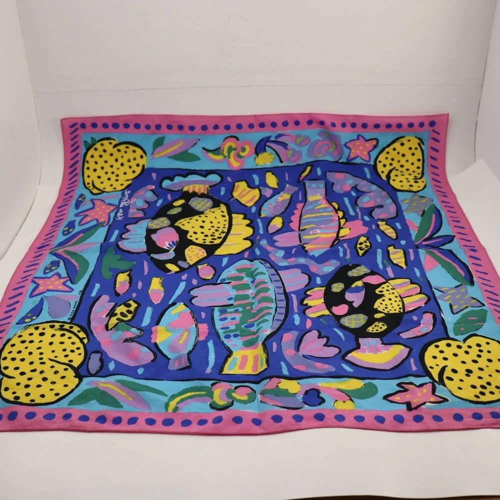 Ken Done Scarf Women OS Blue Pink Good Vintage 1982‎ Fish Silk Art Scarf